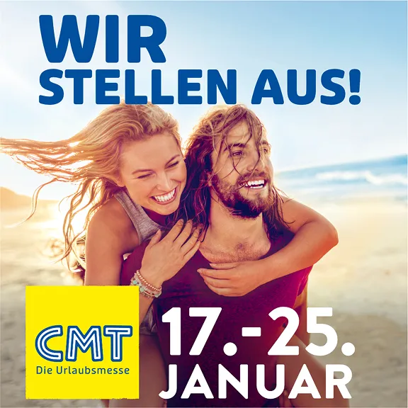 Werbebanner zur CMT: lachendes Paar am Strand mit „Wir stellen aus!“ und Datum 17.–25. Januar.